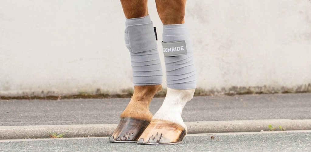 Zwei Pferdebeine mit den Fleece Bandagen Wellington von SUNRIDE in grau vor einer grauen Wand