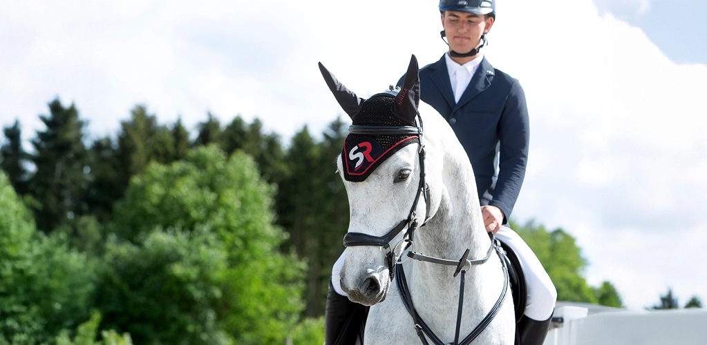 Ein Pferd mit roter Fliegenhaube und Reiter im Hintergrund sind grüne Bäume