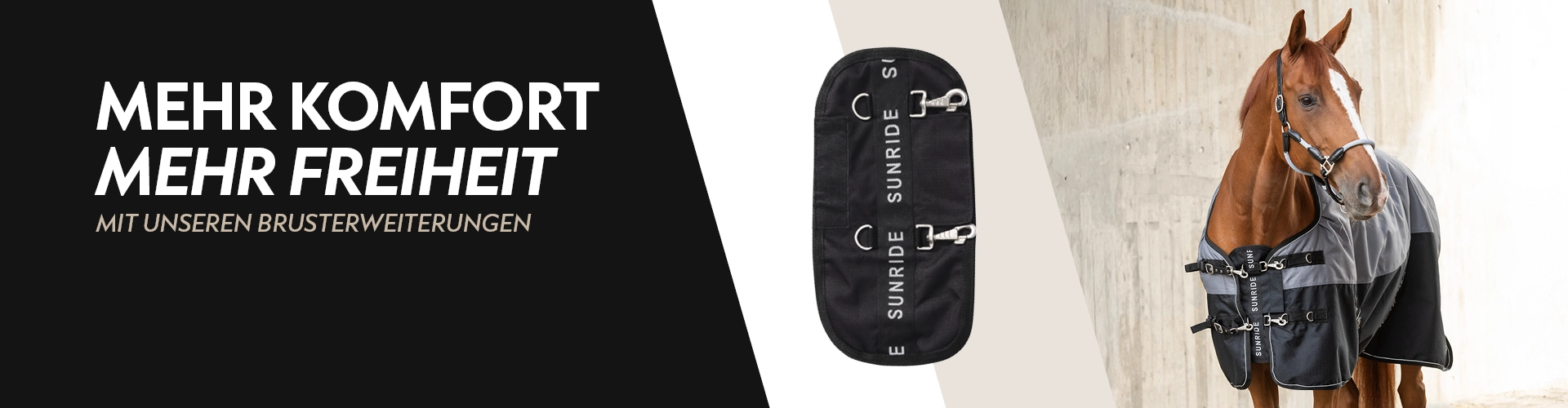 Ein Pferd hat eine Decke drauf und vorne an der Brust die Brusterweiterung das Nuuk und Links daneben ist das Nuuk noch mal einzeln abgebildet