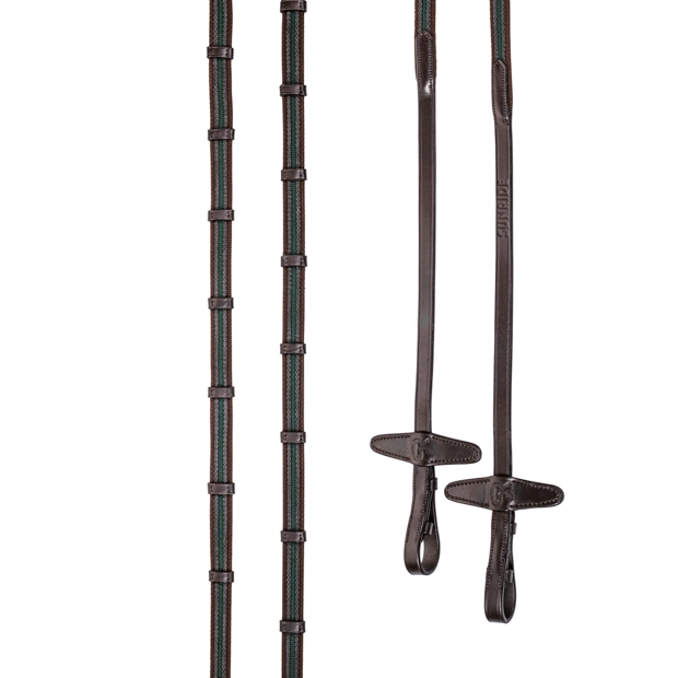 detailansicht der zeugel bei der gruen abgesetzten englisch kombinierte trense hawaii in braun von sunride inklusive passende zuegel