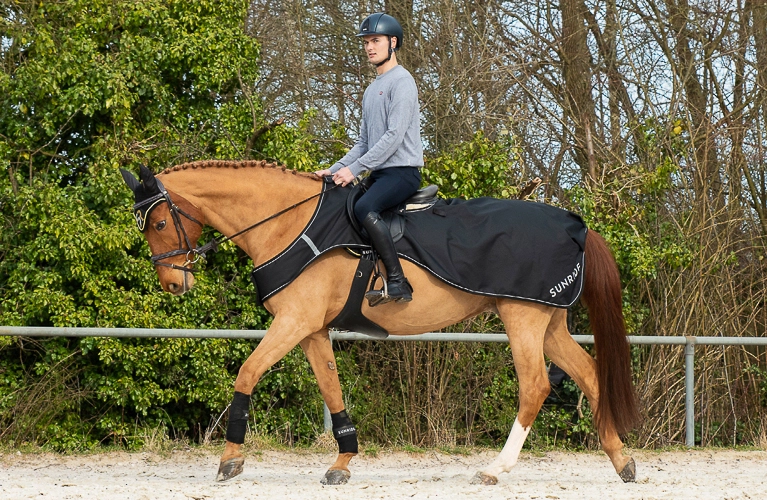 Ein Pferd und Reiter mit der Wasserdichte Ausreitdecke Derby auf dem Ausenplatz