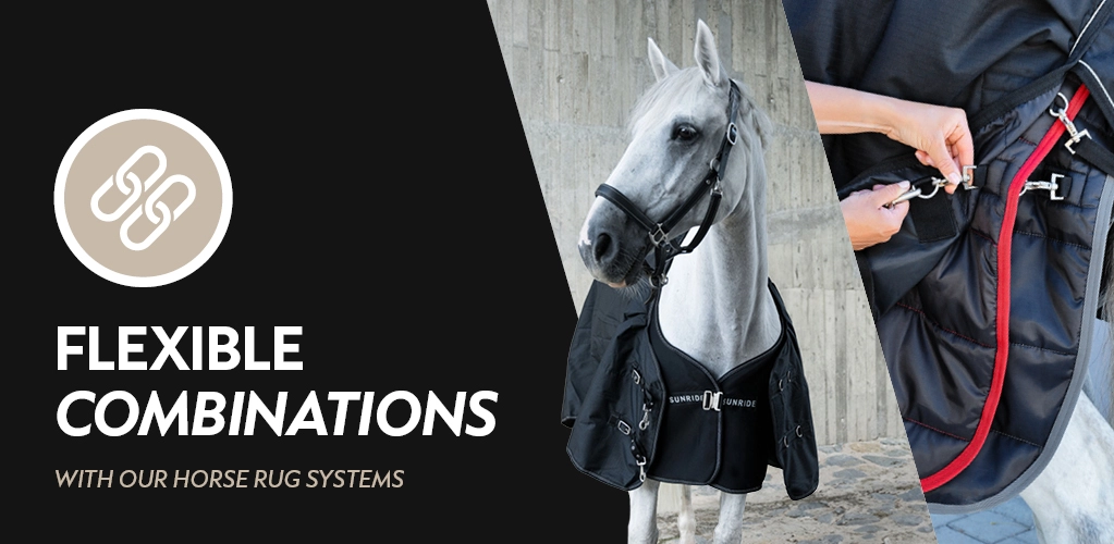 A horse wearing a black rug with the SUNRIDE logo stands in front of a concrete wall on the right side straps of another black horse rug with a red trim are being fastened on the left the text reads Flexible Combinations with our Horse Rug Systems