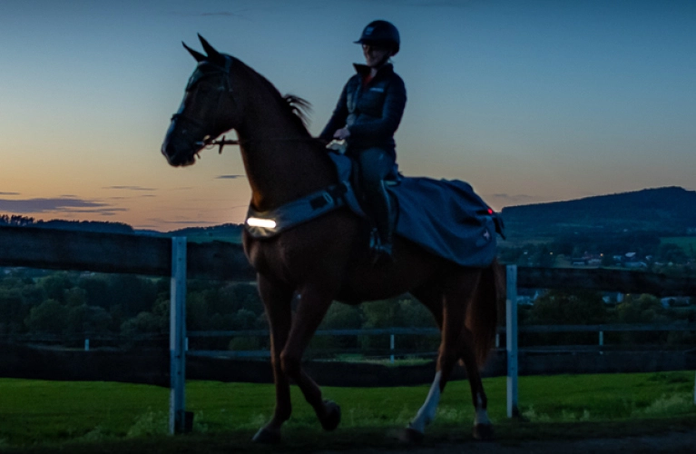 Ein Pferd und Reiter mit der New York LED Ausreitdecke in der Daemmerung