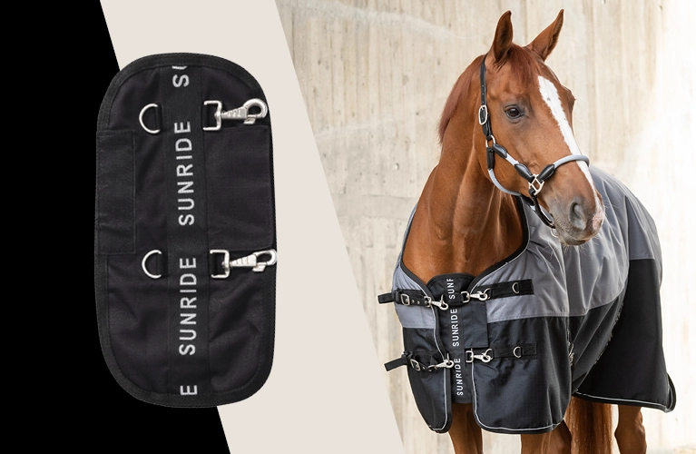 Ein Pferd hat eine Decke drauf und vorne an der Brust die Brusterweiterung das Nuuk und Links daneben ist das Nuuk noch mal einzeln abgebildet