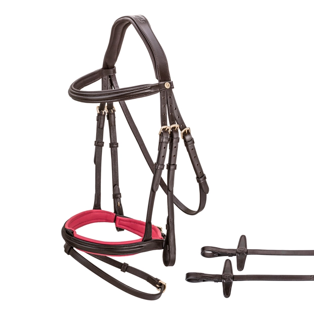 pink abgesetzte englisch kombinierte trense hawaii in braun von sunride inklusive passende zuegel