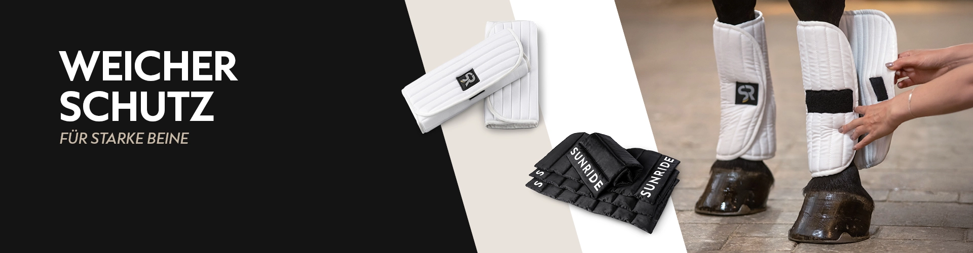 Zwei Pferdebeine mit weißen Bandagierunterlagen mit Klettverschluss daneben die Unterlagen einzeln in Weiß und darunter in Schwarz aus Satin