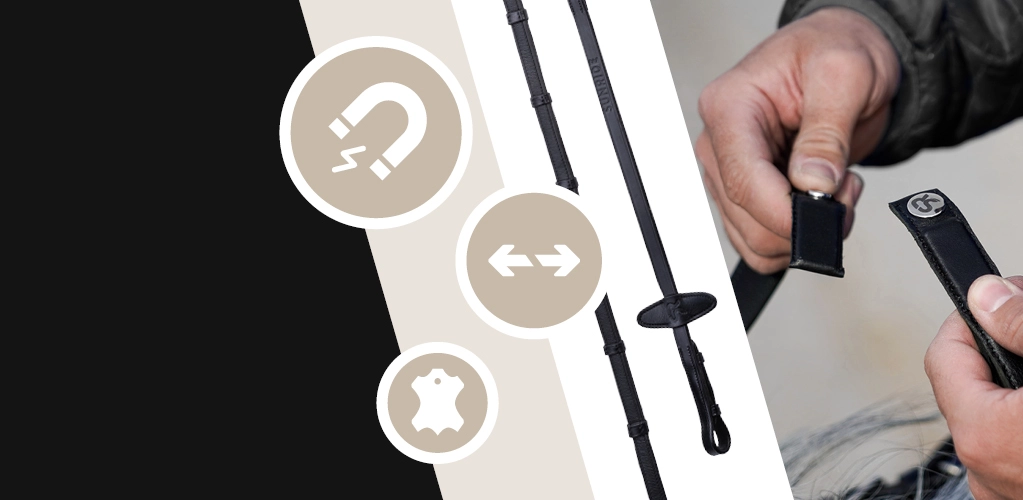 Ein Reiter hält den Verschluss eines Magnet Sicherheitszügelsets in der Hand Daneben sind die Zügel mit magnetischem Verbindungssystem zu sehen Daneben befinden sich Symbole die Magnetkraft Flexibilität und Sicherheit darstellen