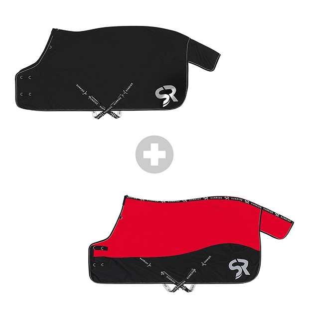 regendecke dublin in schwarz mit 50 gramm fuellung kombiniert mit der winterdecke helsinki rot mit 250 gramm fuellung von sunride