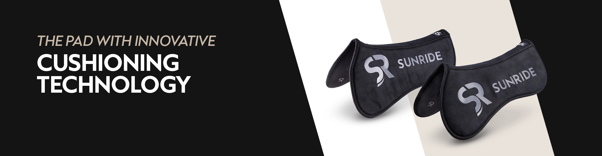 Two black saddle pads with the SUNRIDE logo lie next to each other on the left the text reads The Pad with Innovative Cushioning Technology