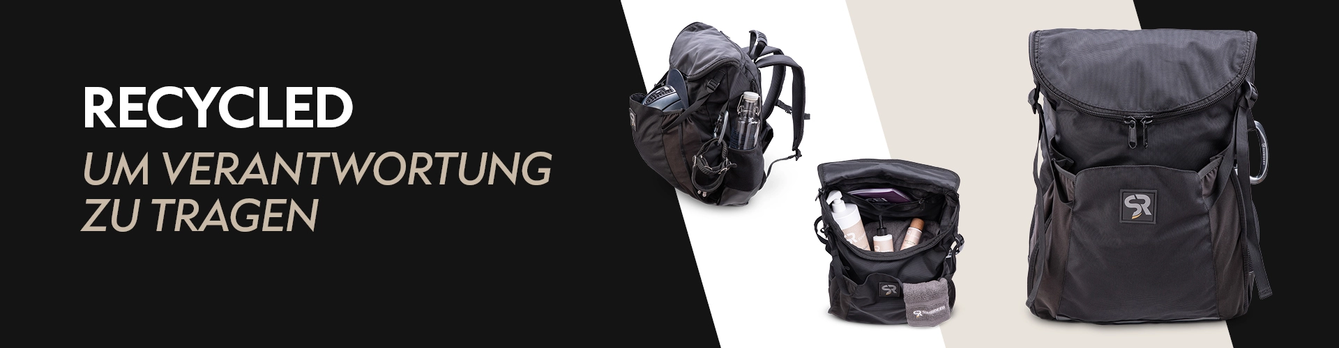 Drei schwarze Rucksäcke aus recyceltem Material links mit Trinkflasche in der Mitte geöffnet mit Pflegeprodukten rechts ein großer leerer Rucksack links daneben der Text Recycled um Verantwortung zu tragen