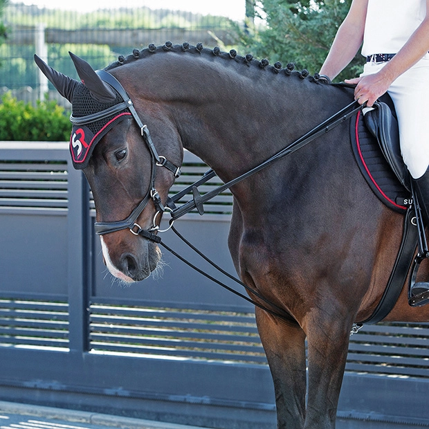 schlaufzuegel aus schwarzem leder mit verbindungsstueck von sunride am pferd mit reiter