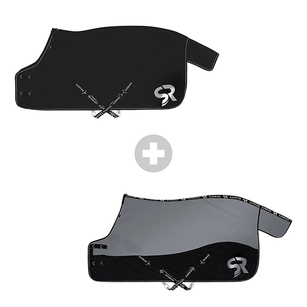 regendecke dublin in schwarz mit 50 gramm fuellung kombiniert mit der winterdecke helsinki grau mit 250 gramm fuellung von sunride