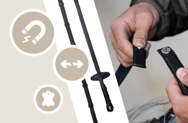 Ein Reiter hält den Verschluss eines Magnet Sicherheitszügelsets in der Hand Daneben sind die Zügel mit magnetischem Verbindungssystem zu sehen Daneben befinden sich Symbole die Magnetkraft Flexibilität und Sicherheit darstellen