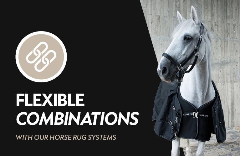 A horse wearing a black rug with the SUNRIDE logo stands in front of a concrete wall with the text Flexible Combinations with our Horse Rug Systems on the left