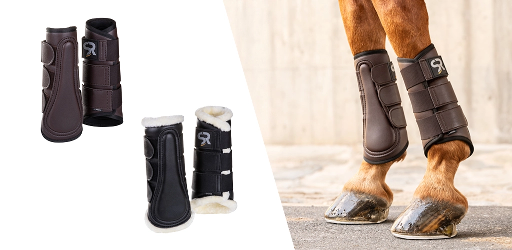 Zwei Pferdebeine mit braunen Dressurgamaschen auf Asphalt daneben sind die Gamaschen in Braun und Schwarz mit weißem Fellrand einzeln abgebildet