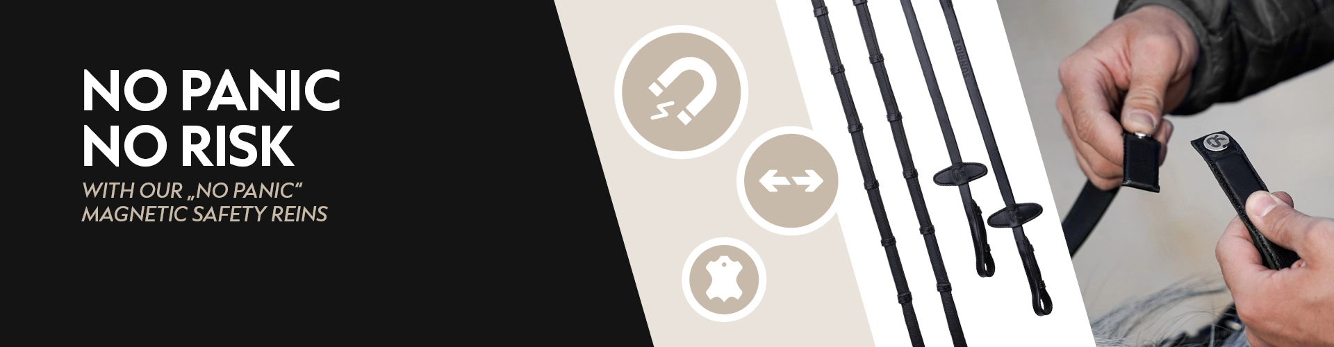 A rider holds the clasp of a magnetic safety rein set in their hand Next to it are the reins with a magnetic connection system On the left side of the image the text No panic no risk with our No Panic magnetic safety reins appears Beside it are icons repr