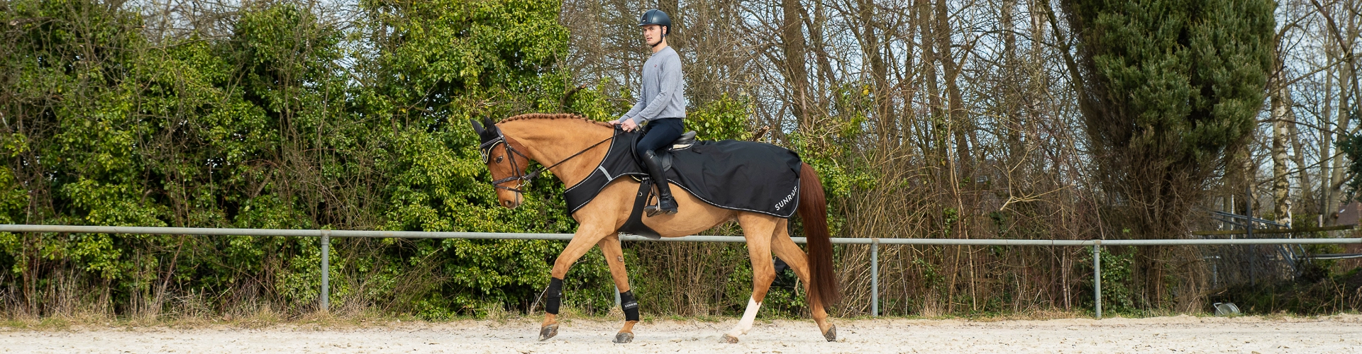 Ein Pferd und Reiter mit der Wasserdichte Ausreitdecke Derby auf dem Ausenplatz