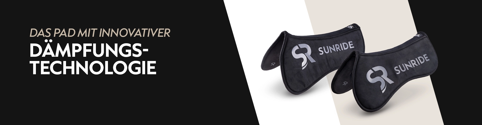 Zwei schwarze Sattelpads mit dem SUNRIDE Logo liegen nebeneinander links daneben steht der Text Das Pad mit innovativer Dämpfungstechnologie
