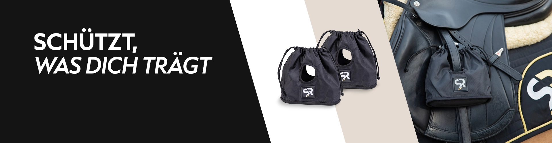 Zwei schwarze Steigbügelschoner mit SR Logo liegen nebeneinander rechts daneben ein Sattel mit aufgezogenen Steigbügelschonern links daneben der Text Schützt was dich trägt