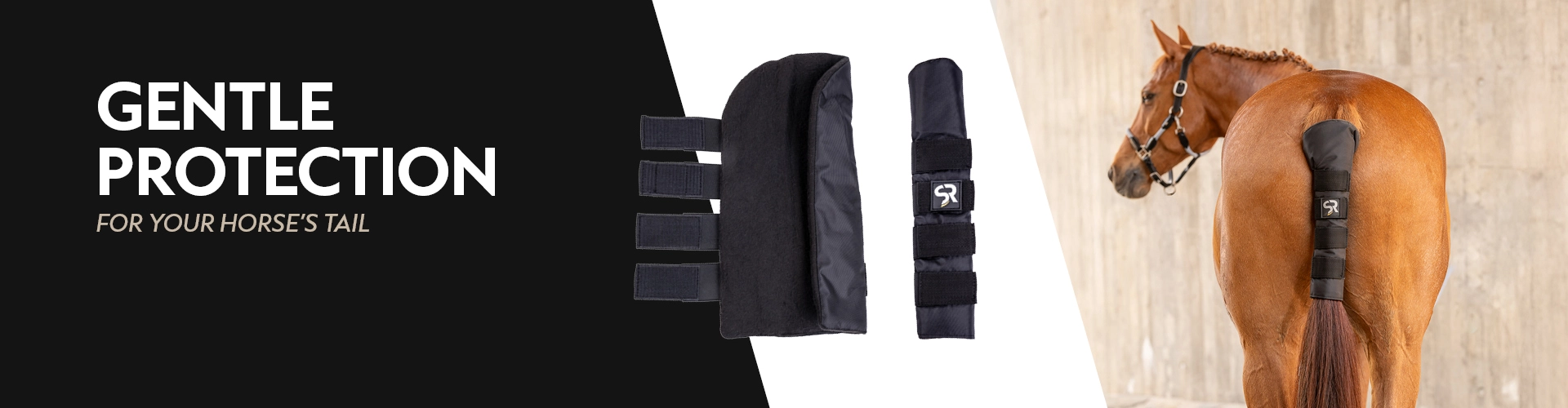 A horse is shown from behind, wearing a tail guard at the base of its tail. On the left side of the image, there are close-up views of the tail guard with four Velcro straps. Next to it, the text “Gentle protection for your horse’s tail” appears on a blac